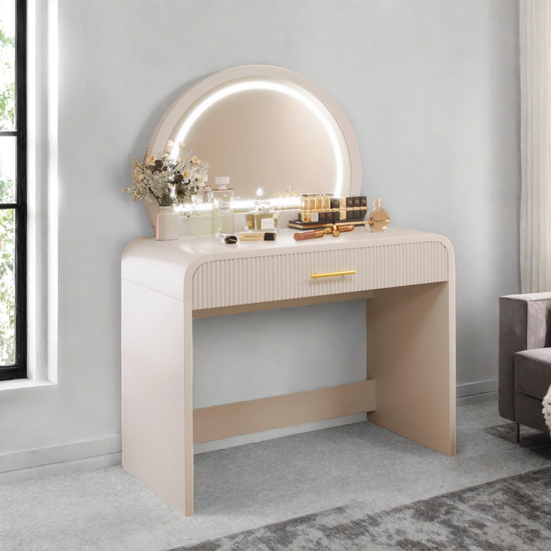 Makeup Vanity Table With Touch Screen Lighted Mirror, Dressing Table With A Drawer And Curved Edges