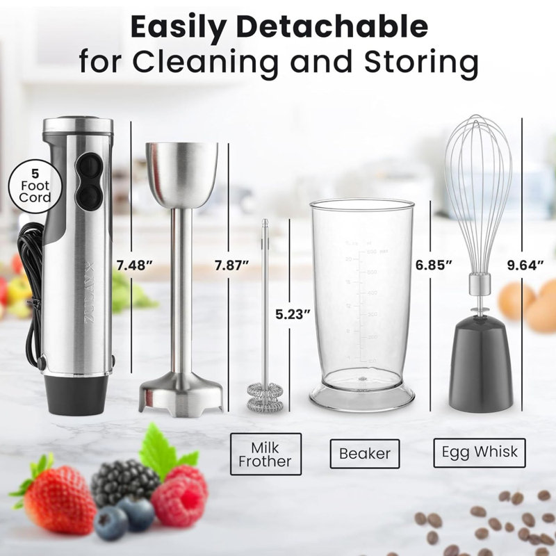 Zulay Kitchen 4-in-1 Immersion Blender Handheld Mixer - Powerful 800 Watt Hand Blender, Gray