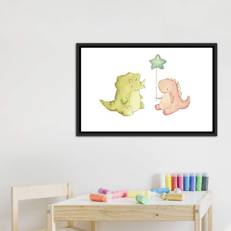 «Dino Friends» par Mike Koubou - impression d'art graphique, H 26 po x l 40 po x 1,5 po, Toile avec cadre noir patiné