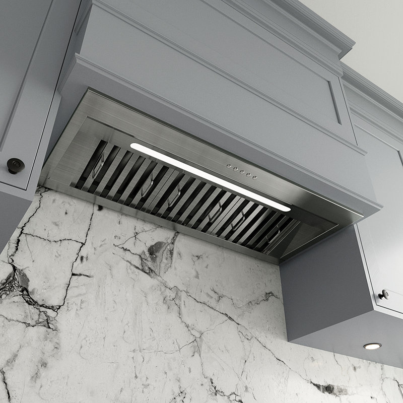 Robinet 34 po T-11611-1-TG Hotte de cuisine à conduit 350 pi³ / min en acier inoxydable brossé avec filtres à chicane, commande à bouton électronique, lumière DEL Pescara