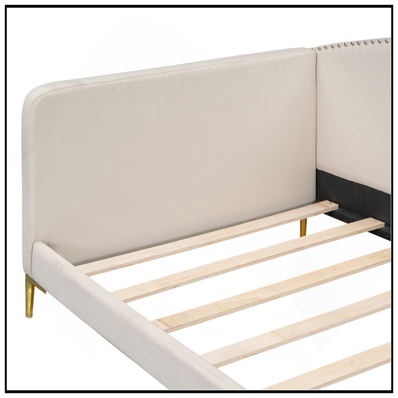 Lit de jour simple rembourré en lin avec tête de lit, accoudoirs et pieds de soutien pour une élégance et un confort modernes