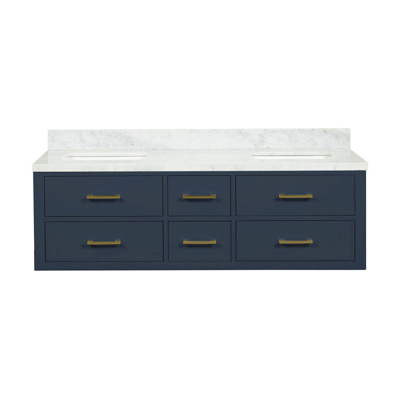 Meuble-lavabo double 60 po X P 22 po D, avec plateau en marbre de Carrare, 60", Doré, Bleu