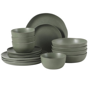 Gibson Elite Menlo Park 16-Piece Pottery Clay Stoneware Dinnerware Set –  Green Reactive Glaze, Organic Shape Embossed Plates and Bowls W/ Pasta Bowl, Service for 4 – Microwave & Dishwasher Safe