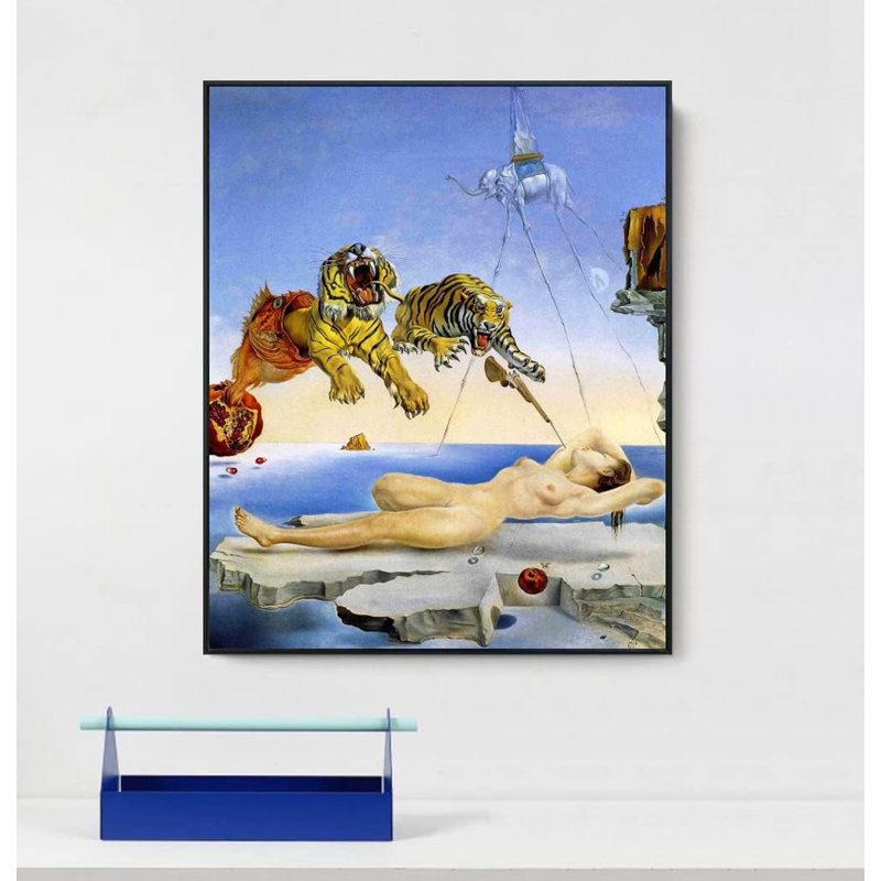 Impression sur toile encadrée, "Rêve causée par le vol d'une abeille une seconde avant l'éveil" par Salvador Dali, art mural (24 po x 32 po, cadre mince noir)