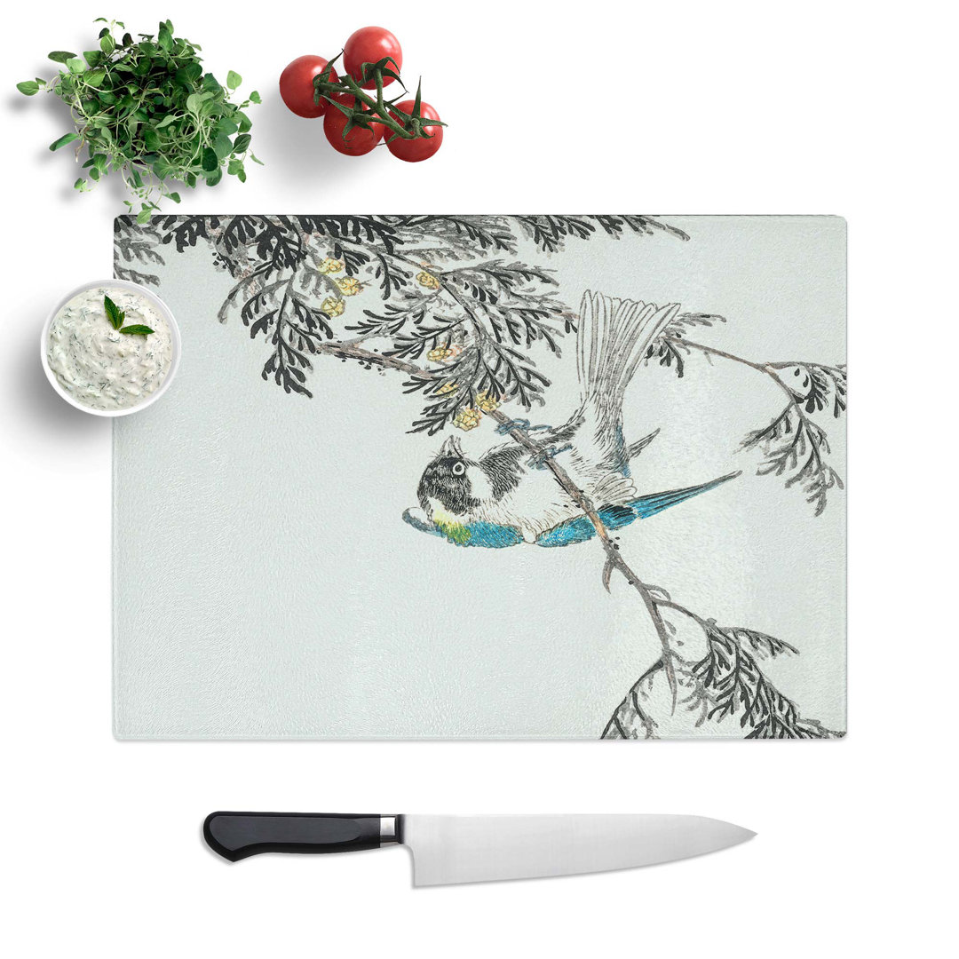 Glass Great Tit Bird On A Cypress Tree by Numata Kashu Chopping Board