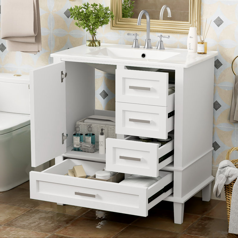 Shalimar Single Bathroom Vanity with Ceramic Top , Modern Bathroom Storage Cabinet with  Soft Closing Door and Solid Wood Frame,Freestanding Style