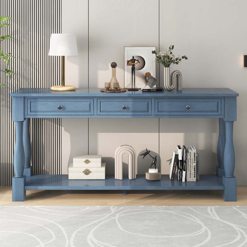Console de 63 po de long avec tiroirs et tablette, Marine