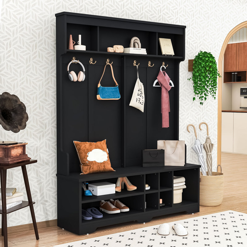 Élégant portemanteau avec rangement spacieux, banc large et conception durable, Noir