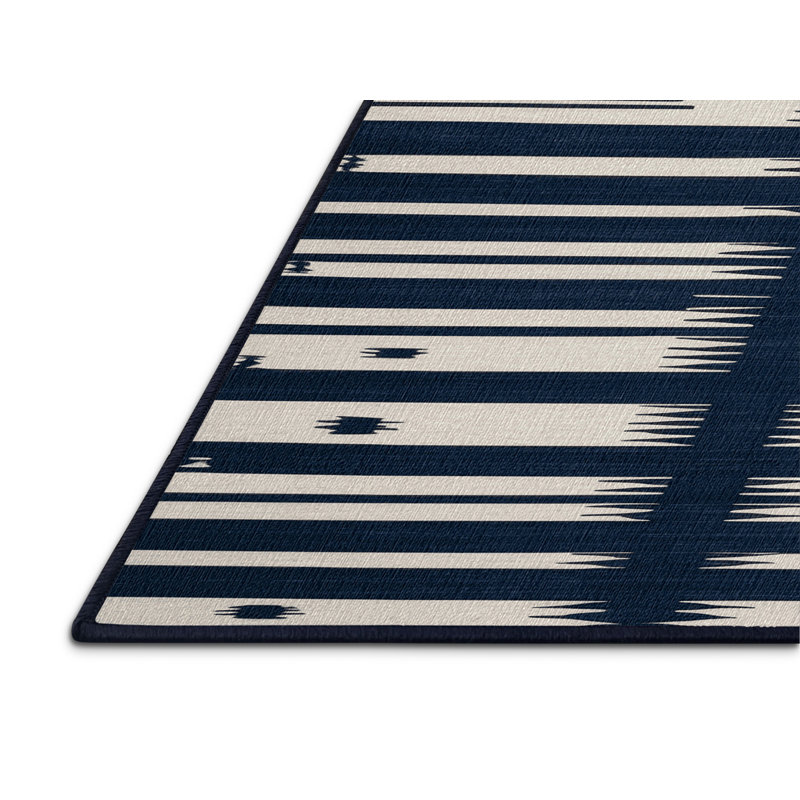 Washable Navy White Striped Area Rug, Rectangle 8' x 10'