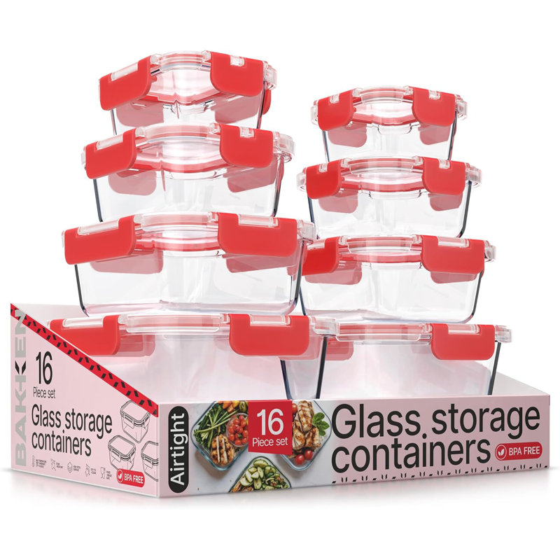 Contenant alimentaire en verre borosilicaté Bakken avec couvercles 16 pièces, contenant empilable sans BPA pour le déjeuner et les restes, va au micro-ondes, au congélateur et au lave-vaisselle, 100% étanche à l'air, rouge