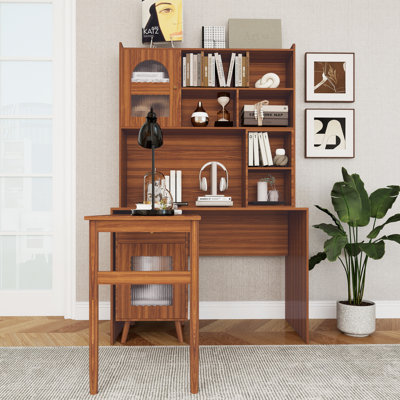 70'' Tall L Shaped Computer Desk With Hutch For Living Room,Home Office Desk With 90 Rotating Tabletop & Drawer For Storage,Walnut