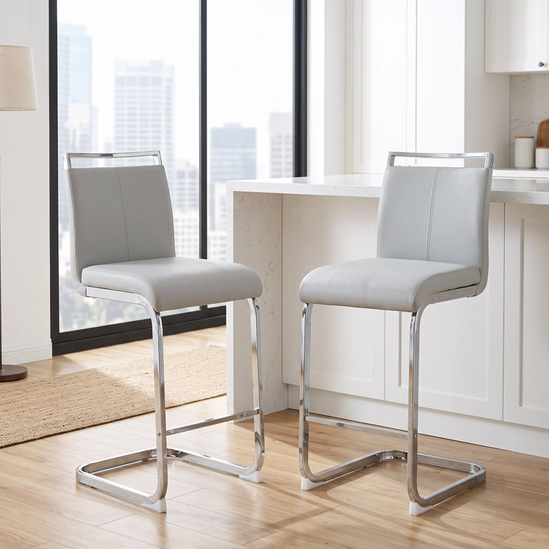 Chatrice 25'' Faux Leather Counter Stool with Metal Frame, Light Gray, Silver