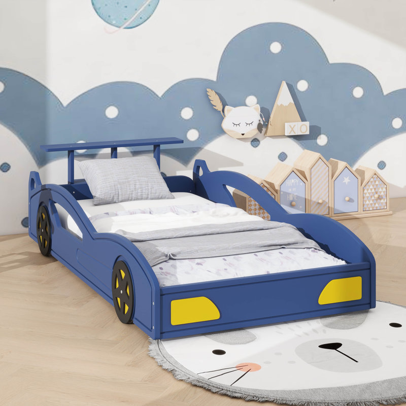 Lit de voiture de course en bois, lit plateforme en forme de voiture avec roues pour adolescents, Bleu