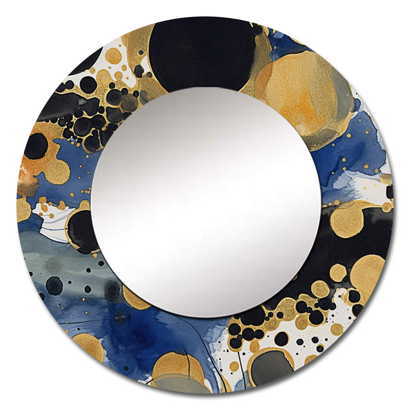 Abstract Pattern With Blue & Golden Textures XXIII - Modern Geometric Blue Large Round Mirror, 29" x 29"
