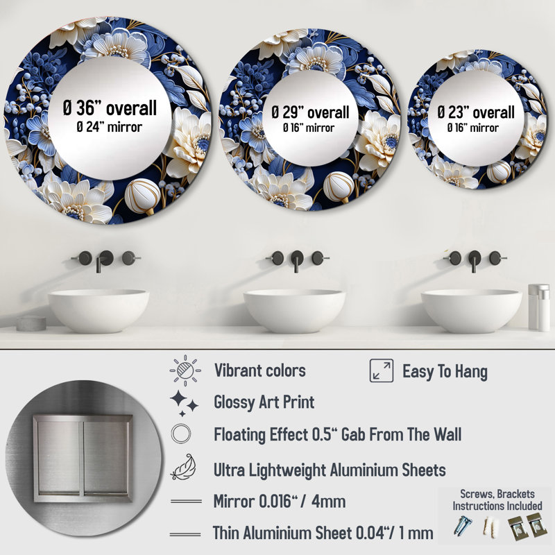 Intricate Cobalt Lace Victorian Pattern - Floral Mirror, Blue Decorative Wall Mirror, Printed Metal Art, 29" x 29", Round