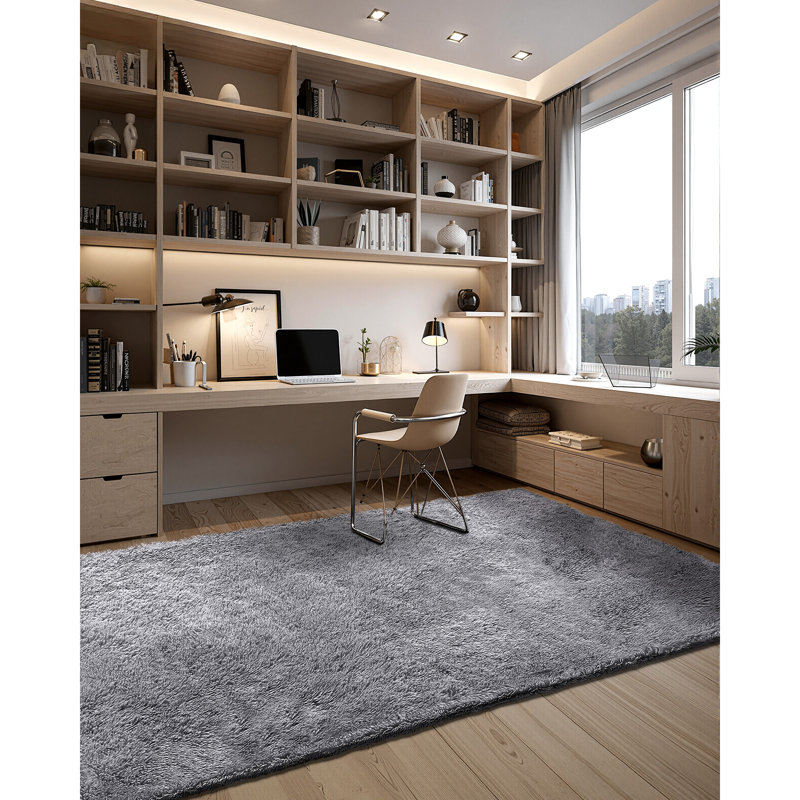 Indoor Plush Area Rugs, 8 x 10 ft Soft Plush Carpet, Furry Shag Area Rugs for Living Room, Bedroom, Sunroom, Modern Home Decor Aesthetic, Non-Shedding, Non-Woven, Slip-Resistant, Smoke Gray
