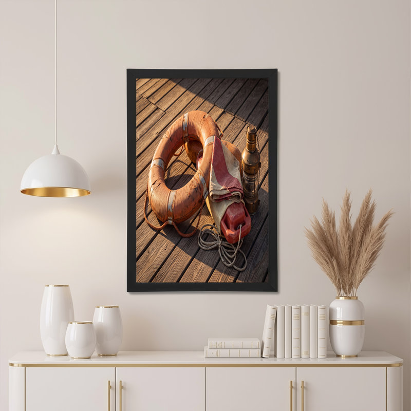 Art mural rétro sur toile en forme de bouée de sauvetage avec lanterne en laiton, H 36 po x l 48 po