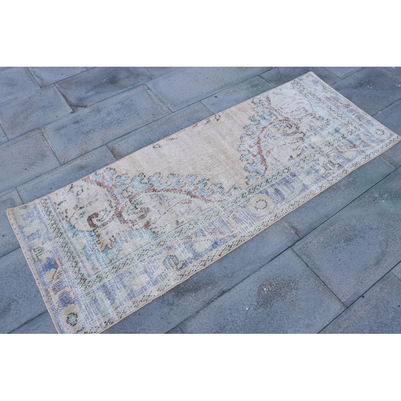 Vintage Turkish Oushak Rug - Beige Wool Runner Ideal for Modern Minimalist Kitchen Decor