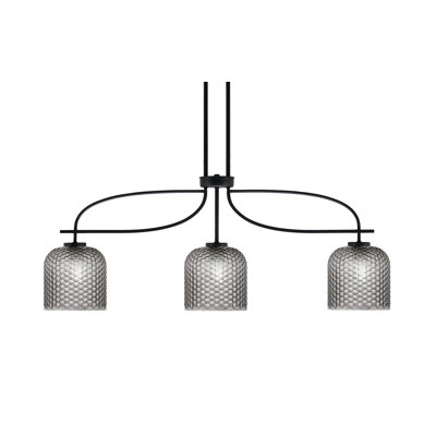 Luminaire pour îlot 3 lumières Cavella au fini noir mat avec verre texturé fumé de 7 po