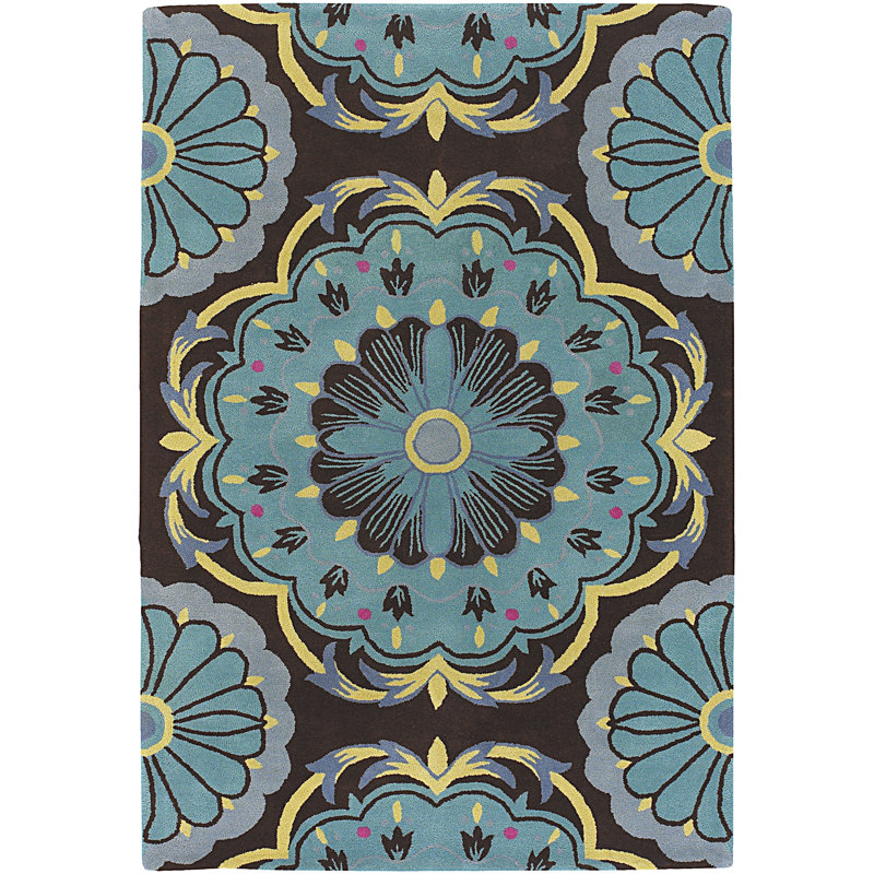 Tapis Fayetteville authentique tufté à la main en laine à motif floral médaillon marron, bleu, jaune et rose