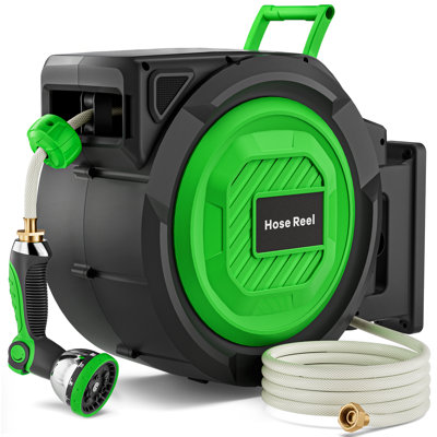 Garden Hose Reel Retractable 1/2 Inch x 150 ft with 10 Spray Modes Nozzle Heavy Duty Wall Mounted Water Hose for Outdoor Gardening, Patio Cleaning, Washing, Pet Showering & High-Reach Cleaning