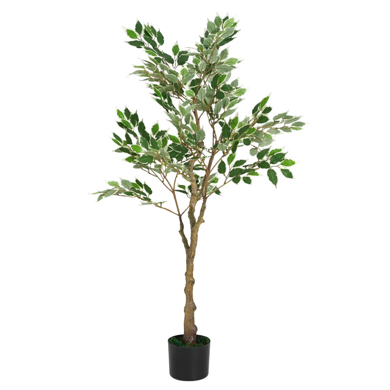 Ficus artificiel 51 po avec pot en plastique noir, figuier en plumes réaliste avec tronc torsadé et feuilles brillantes, plante artificielle flexible pour la décoration de bureau à domicile