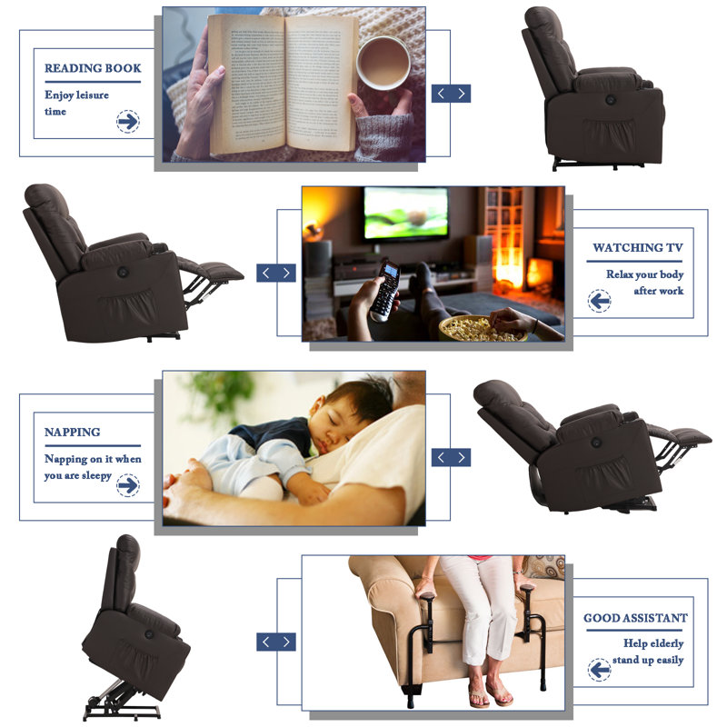 Fauteuil inclinable Power Lift avec massage et chauffage pour personnes âgées et adultes, Similicuir brun