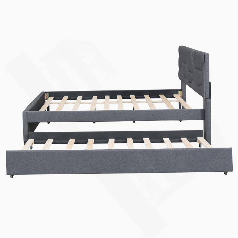 Lit plateforme tapissier avec tête de lit à motif brique et lit gigogne simple, tissu en lin pour un confort moderne et une efficacité d'espace