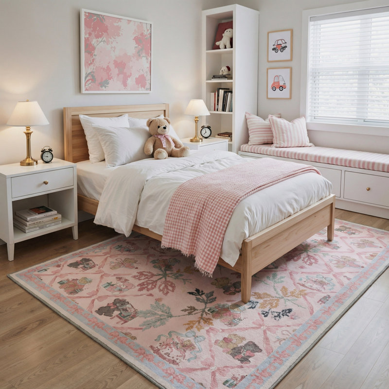 Bear Print Machine Washable Blue/Pink/Beige Kids Area Rug With Non-Slip Backing, Rectangle 5' x 7'