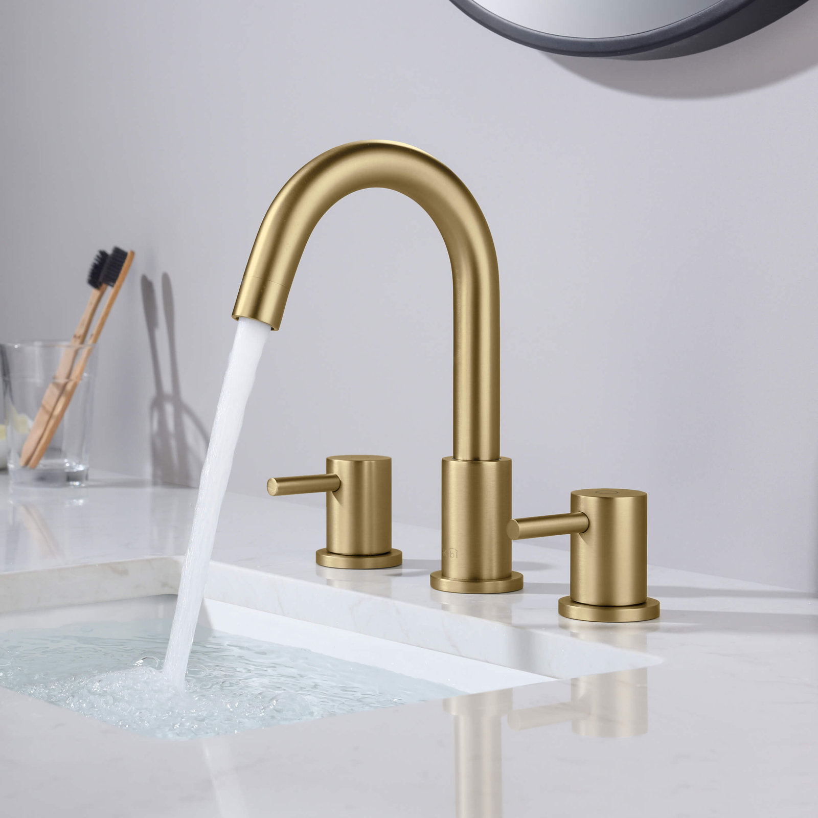 Circular Widespread Bathroom Faucet with Drain, Brushed Brass