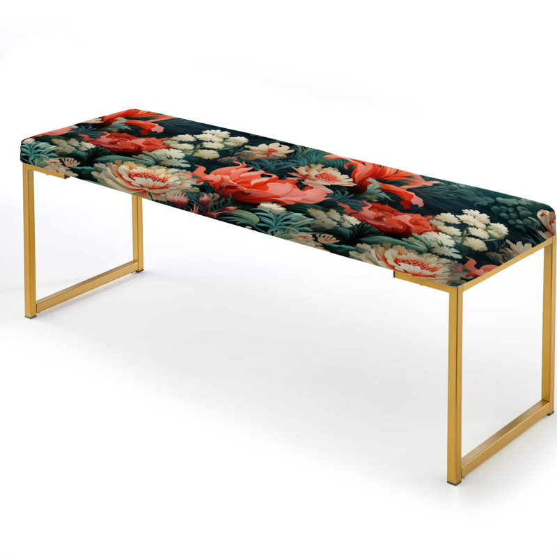 Upholstered Gold Bench, Coastal Coral Reef Coastal Pattern