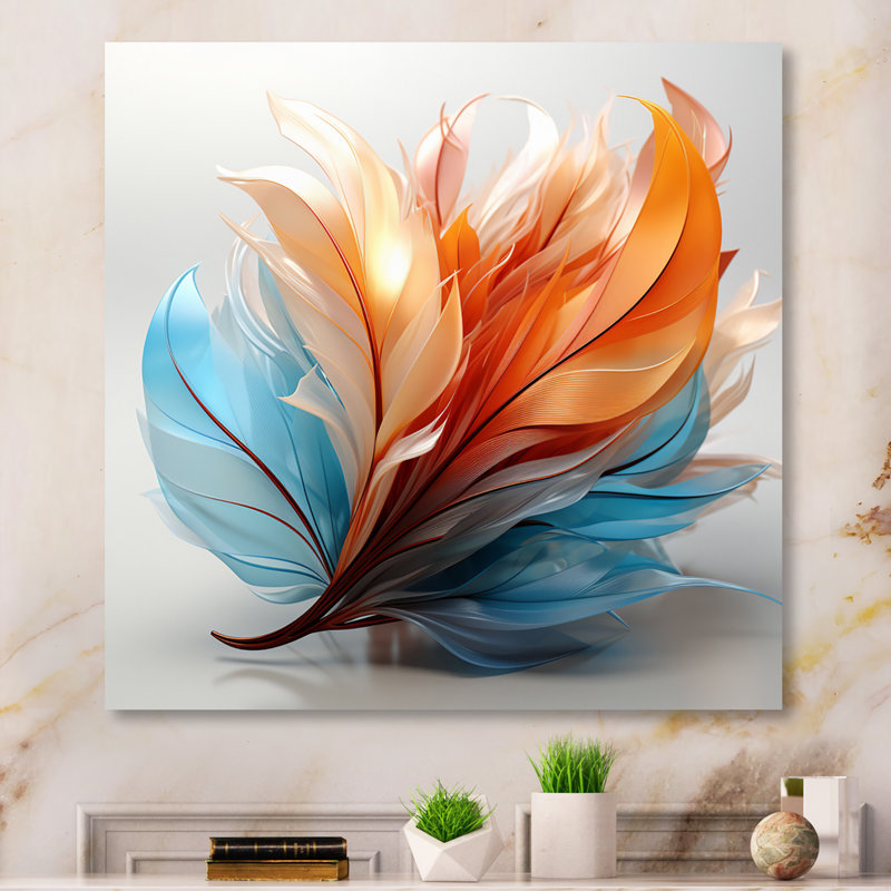 Fractal, plume d'ambre orange et turquoise I - art mural de plumes pour le salon, Toile tendue, H 24 po x l 24 po, Sans cadre