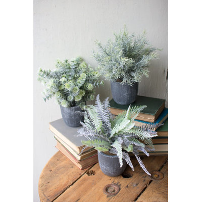  Fausse fougère avec pots ronds gris 9,75 "H, décorations de verdure décoratives, ensemble de 3