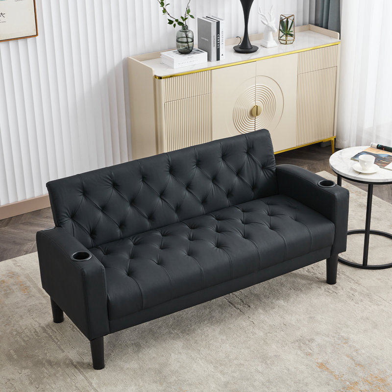 Jabryson 62" W Tufted Faux Leather Loveseat with USB Charging Ports , Black