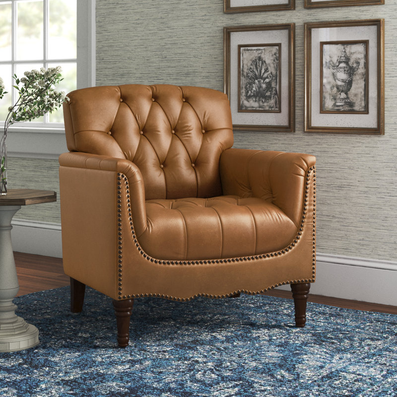 Annja 32" W Tufted Leather Armchair, Camel Top Grain Leather