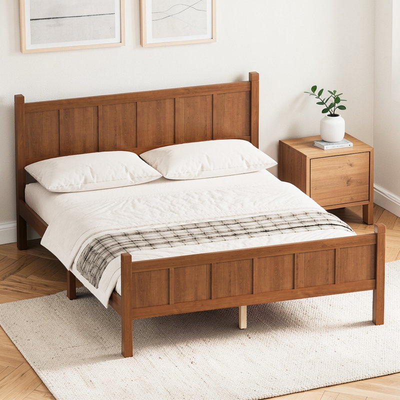 Wood Panel Platform Bed Frame With Wood Slat Support, No Box Spring Needed, Noyer clair, Grand lit