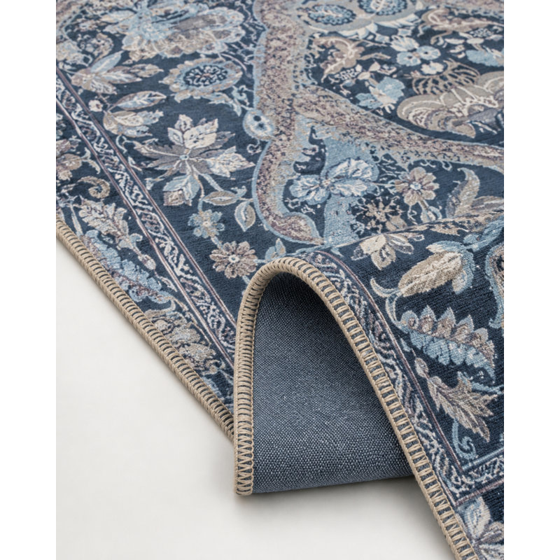 Floral Geometric Washable Woven Base Carpet, Round 4'
