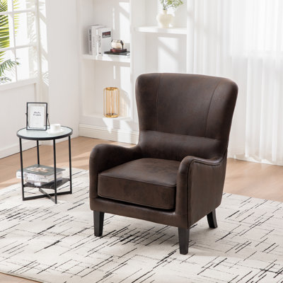 High Back Accent Chair, Upholstered Armchair For Living Room, Retro Wingback Arm Chair ,Single Sofa Bedroom Reading Seat With Solid Wood Legs, Brown