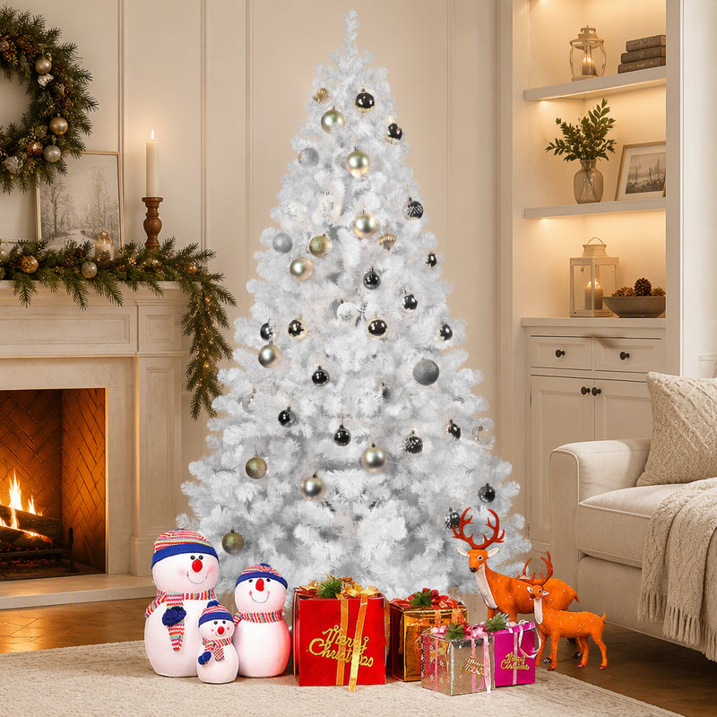 Sapin de Noël artificiel blanc de 1,80 m avec branches en fil de fer à mémoire de forme et structure articulée pour une installation facile pendant les fêtes
