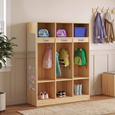 Casier de vestiaire de classe à 3 sections avec 6 casiers et miroir en acrylique, casiers de garderie avec 6 crochets, casiers de jardin d'enfants pour la maison, l'école et la chambre de bébé
