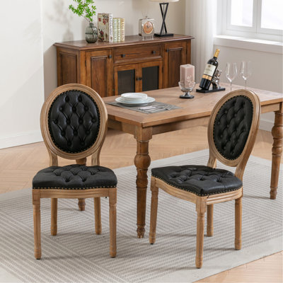 French Style Solid Wood Frame Antique Painting,Hand-Pulled Buckle Decoration Pu Artificial Leather Dining Chair With Nailhead Trim ,Wood Legs,Set Of 2,Black