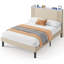 Ensemble de meubles de chambre à coucher comprenant un cadre de lit Queen rembourré beige avec tête de lit DEL RVB et station de recharge, 2 commodes blanches à 5 tiroirs