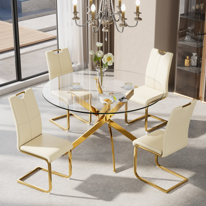 Ensemble de salle à manger 5 pièces, Doré, Beige / doré, H 29,5 po x L 47 po x l 47 po