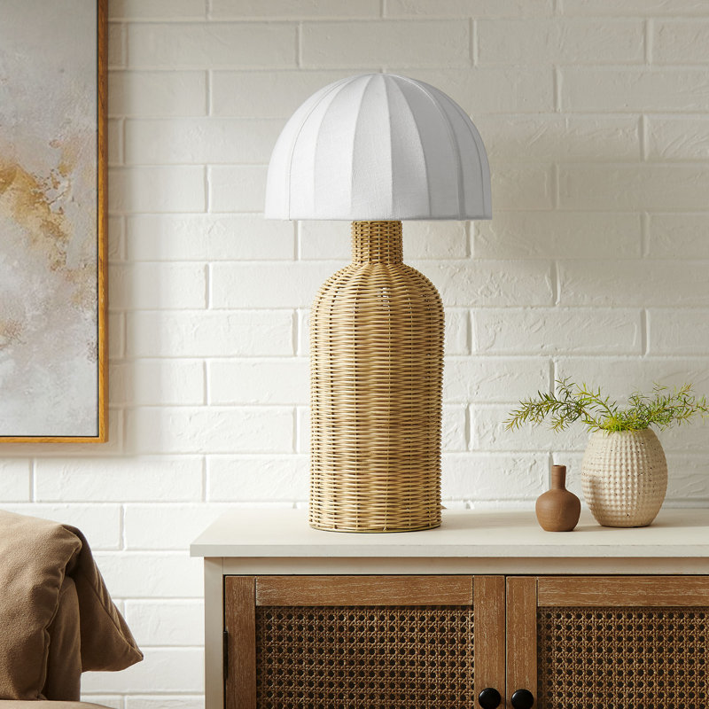 Lampe de table en rotin avec abat-jour dôme blanc naturel