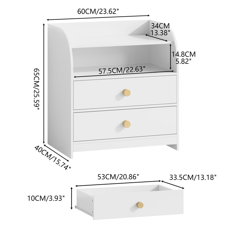 Table de chevet blanche à 2 tiroirs avec panneaux latéraux incurvés et étagère ouverte, table de chevet moderne pour chambre à coucher, chambre d'enfant, chambre de bébé
