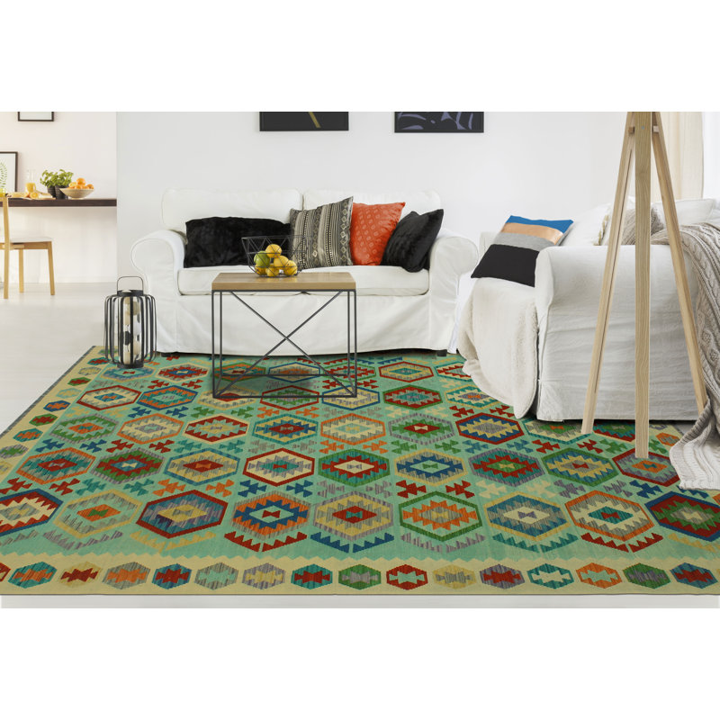 Tapis vert clair / jaune / rouge en laine noué à la main de conception unique 8 pi 3 po x 11 pi 6 po Jaleya