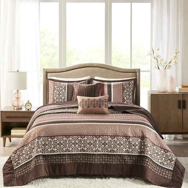 Literie réversible 5 pièces Red King - élégante feuille géométrique et médaillon, 100% avec revers de couleur unie, comprend 1 couvre-lit, 2 taies décoratives, coussins décoratifs, facile à entretenir