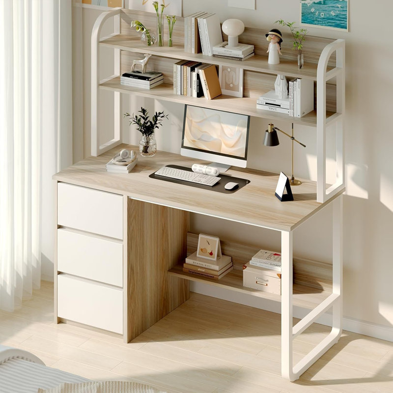 60 Inch Computer Desk with Drawers,Study Writing Desk with Hutch for Bedroom, lvory