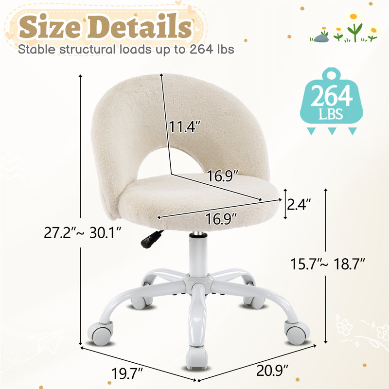 Chaise de bureau l 21 po avec roulettes, Fausse peluche lapin, Tanné