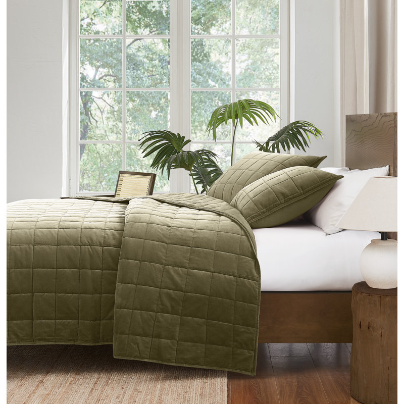 Ensemble de courtepointe en velours de coton matelassé Brooklyn, Courtepointe pour lit grand + deux taies décorati, Vert